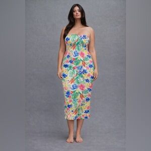 Floral Strapless Bodycon tropical floral Dress fit XL